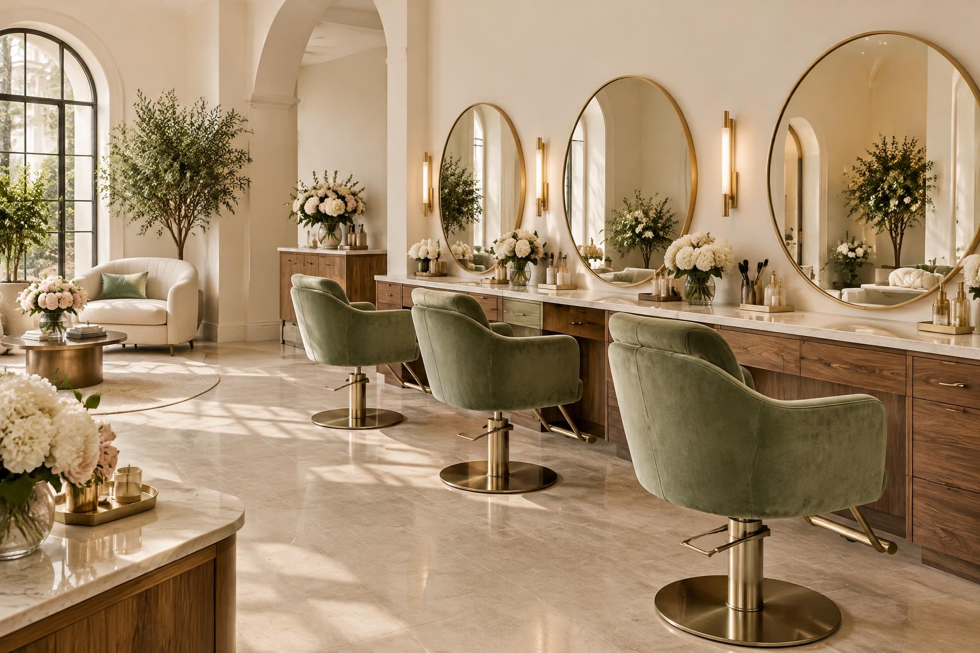 salon lumineux aux fauteuils vert sauge et miroirs dorés